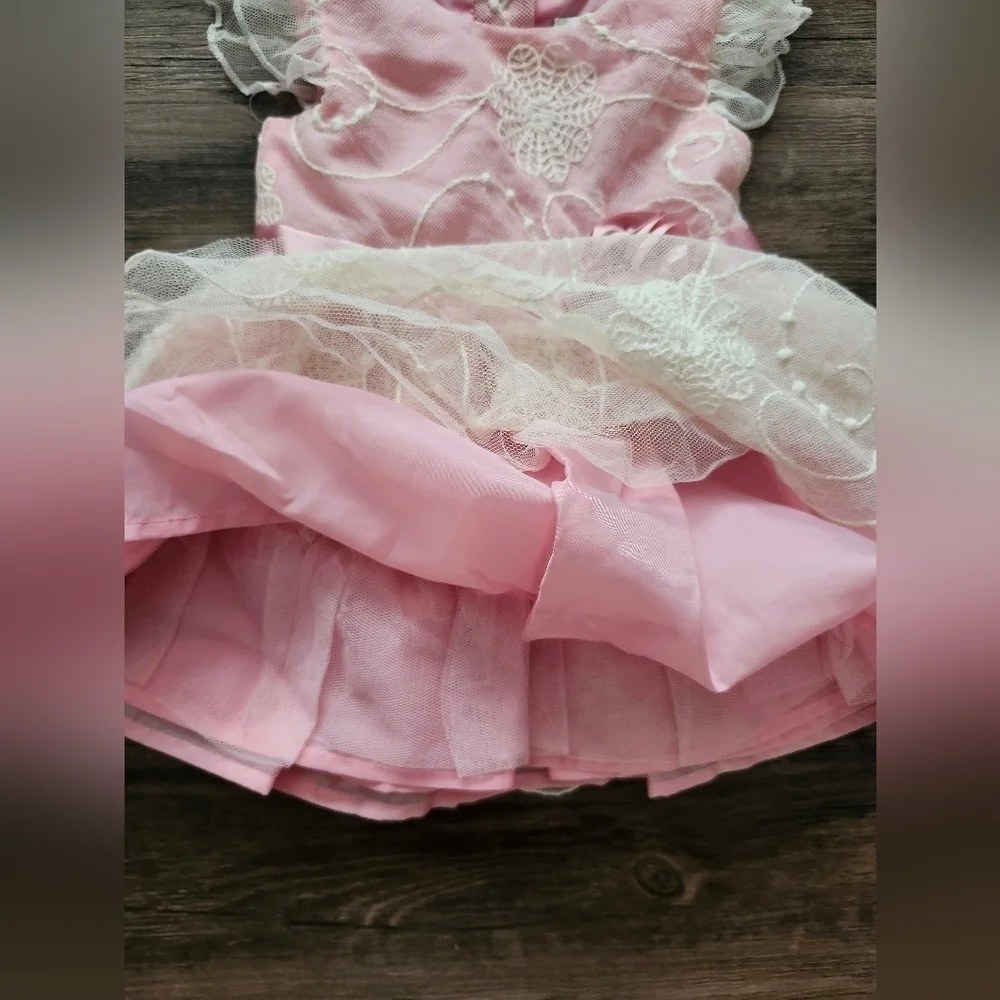 Heirlooms By Polly Finders Pink Dress with Lace Accents And Embroidered Flowers